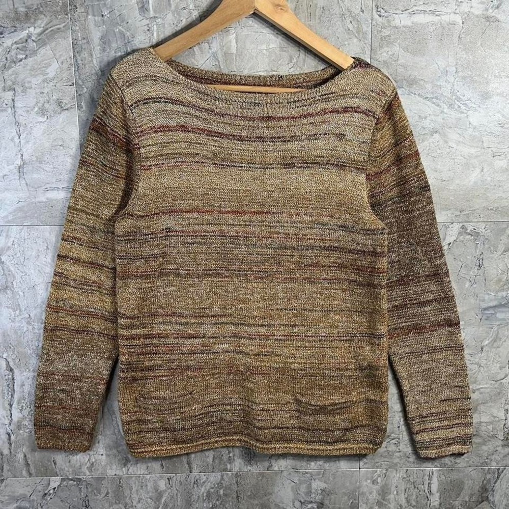 Hannah Tan and brown striped sweater front pockets Woman's Large
